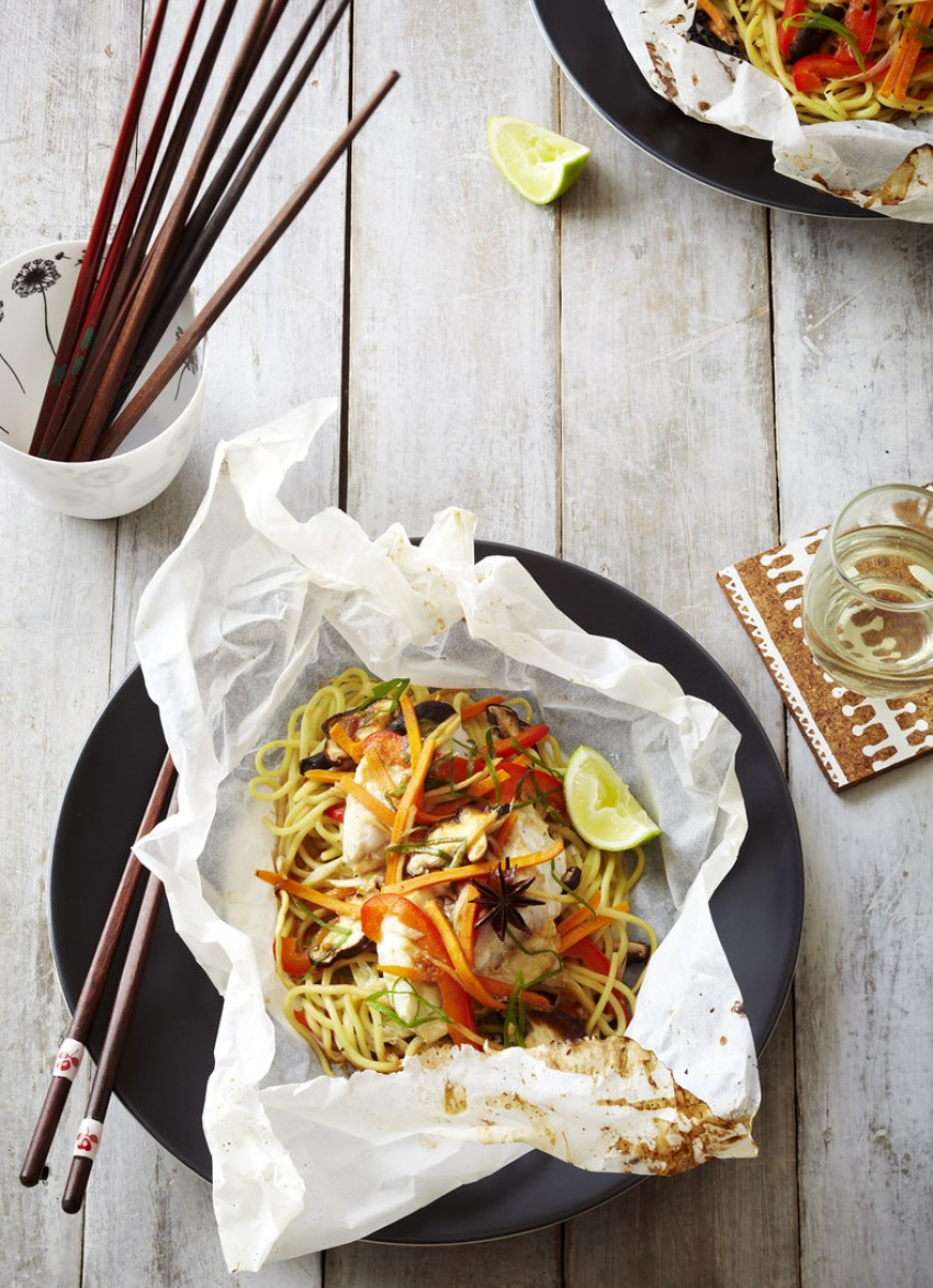 Hoisin-Glazed Fish with Shiitake Mushrooms and Egg Noodles 