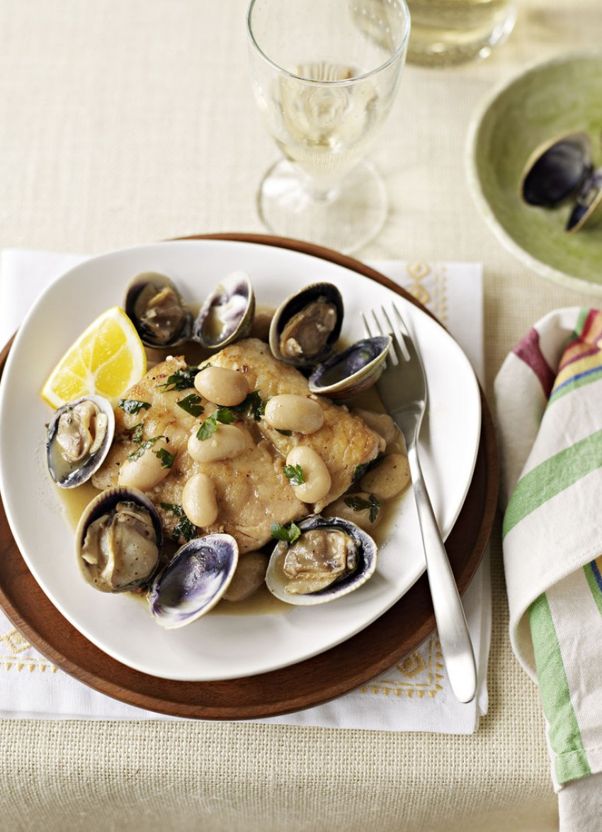 Monkfish with Clams, Sherry and White Beans