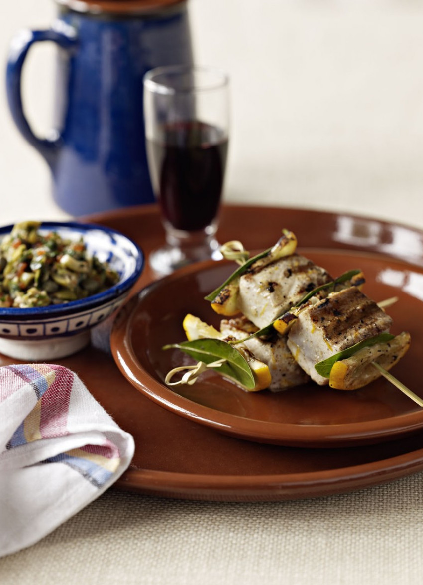 Grilled Tuna Skewers with Green Olive Relish