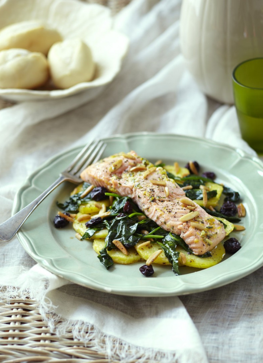 Roasted Salmon on Crispy Potatoes with Spinach and Almonds
