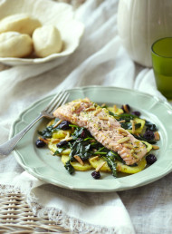 Roasted Salmon on Crispy Potatoes with Spinach and Almonds