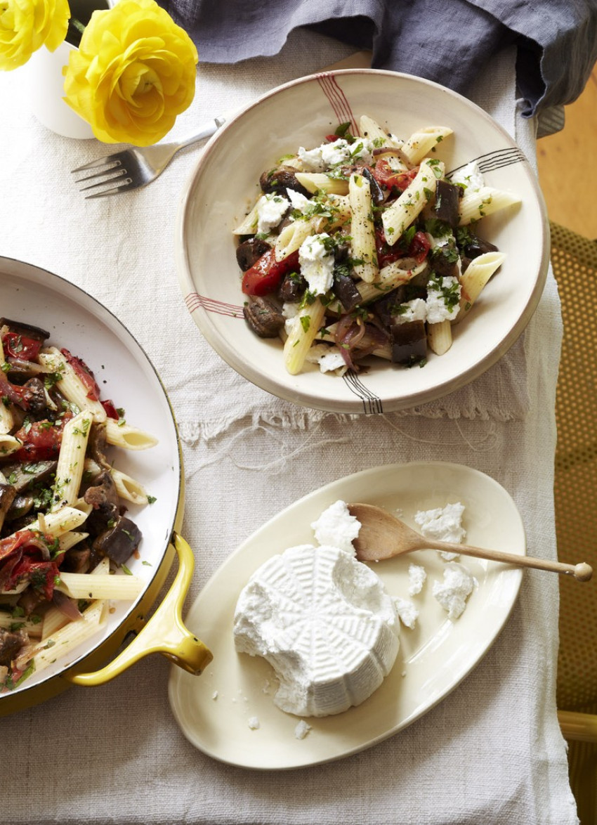 Roasted Eggplant, Mushroom and Tomato Pasta with Ricotta