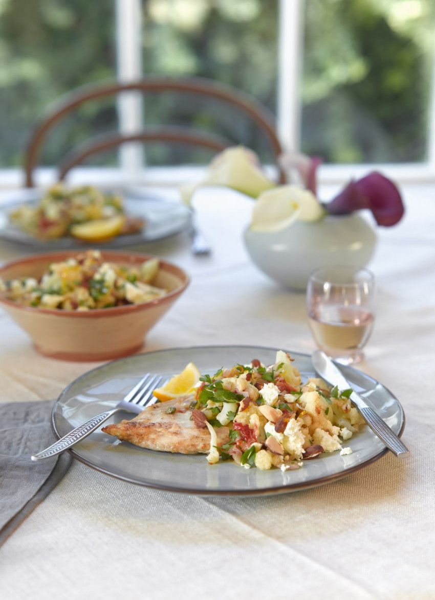 Chicken with Warm Cauliflower, Feta and Almond Salad 