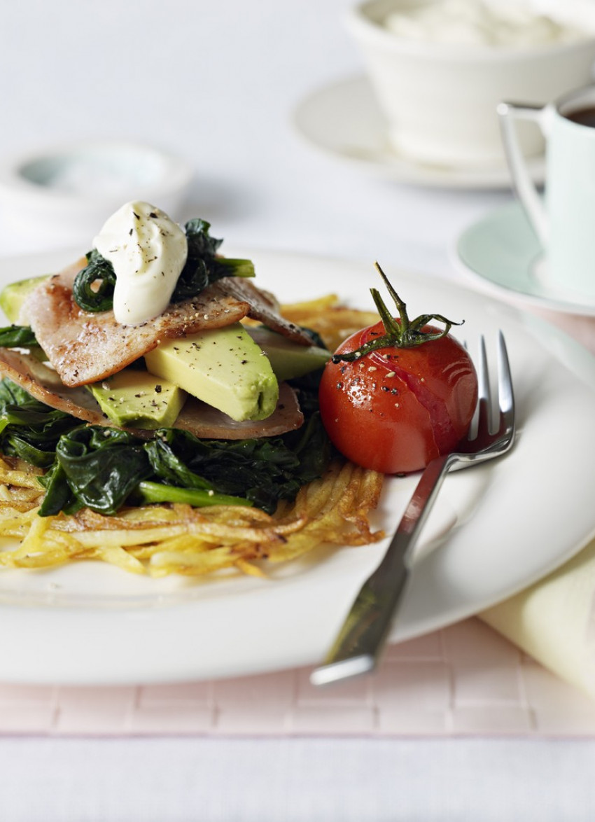 Potato Rosti with Wilted Spinach, Bacon and Avocado