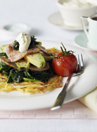 Potato Rosti with Wilted Spinach, Bacon and Avocado