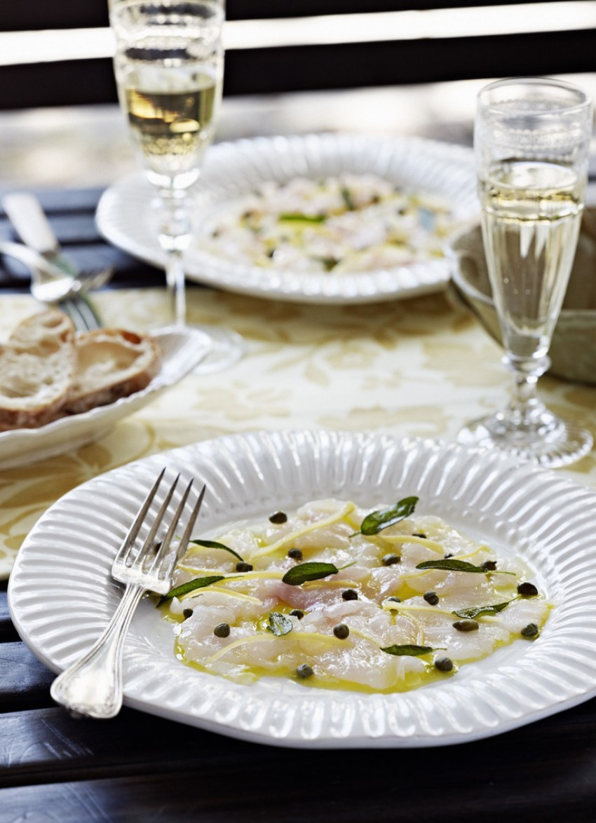 White Fish Carpaccio with Fried Sage, Capers and Preserved Lemon
