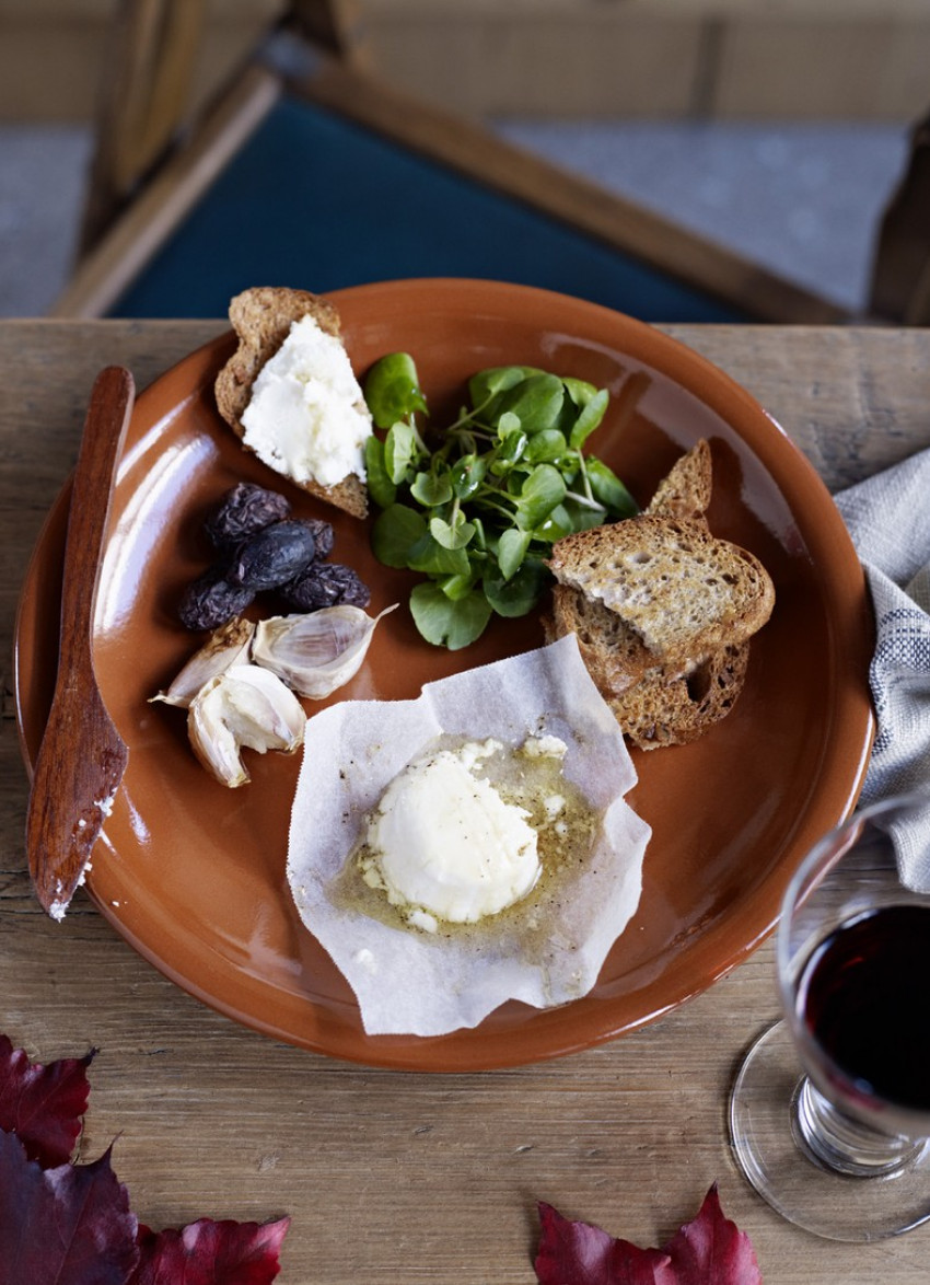 Baked Goats Cheese with Dry Roasted Olives