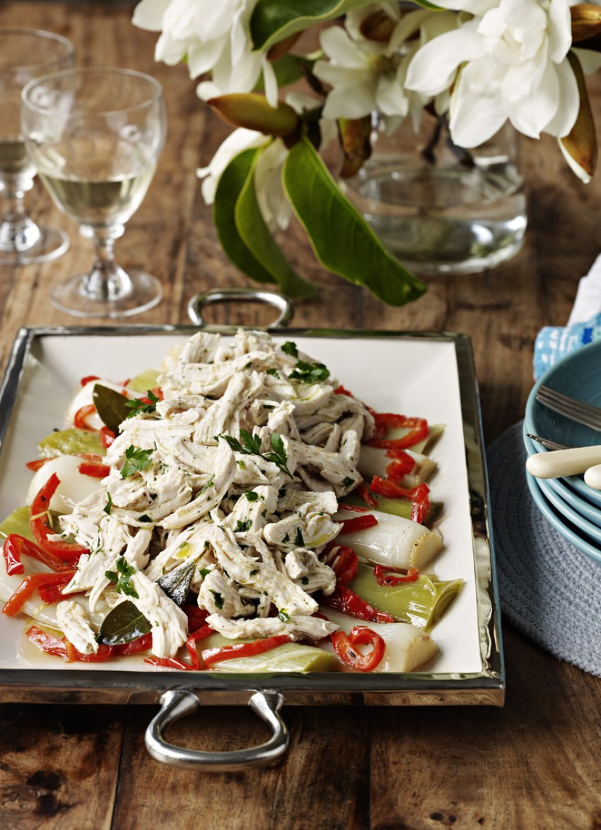 Poached Chicken with Braised Leeks and Mustard Vinaigrette