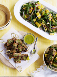 Spiced Pork Kebabs with Sweetcorn and Green Bean Salad