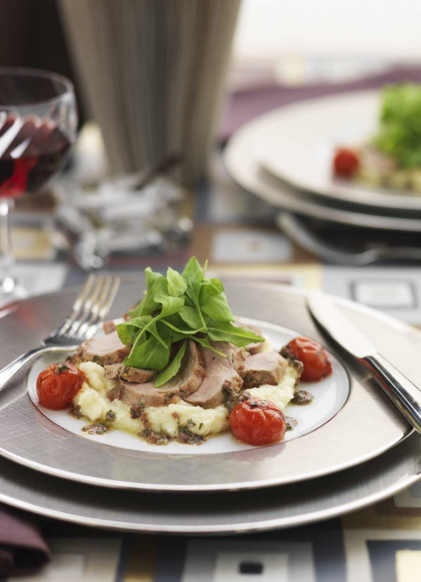 Pork Fillet, Parsnip Mash and Black Olive Dressing