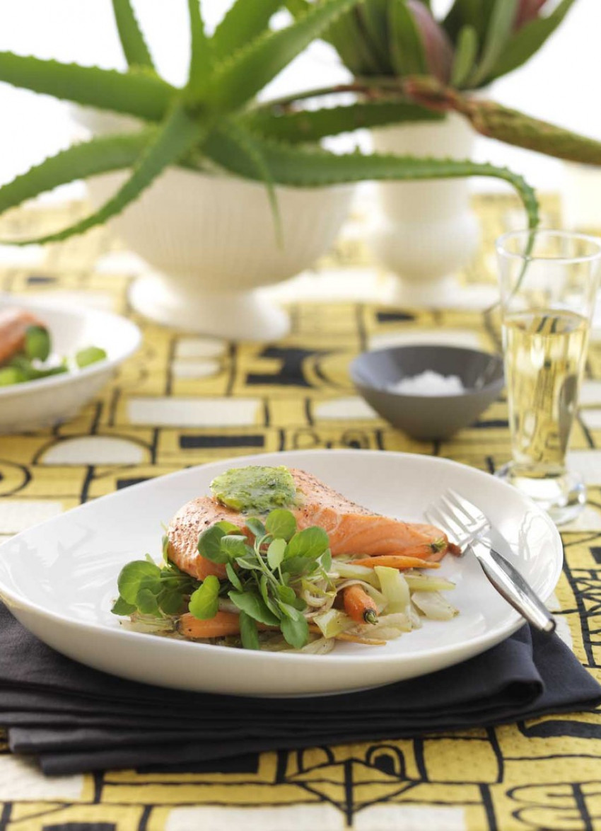 Salmon on Roasted Fennel and Carrots with Basil Butter