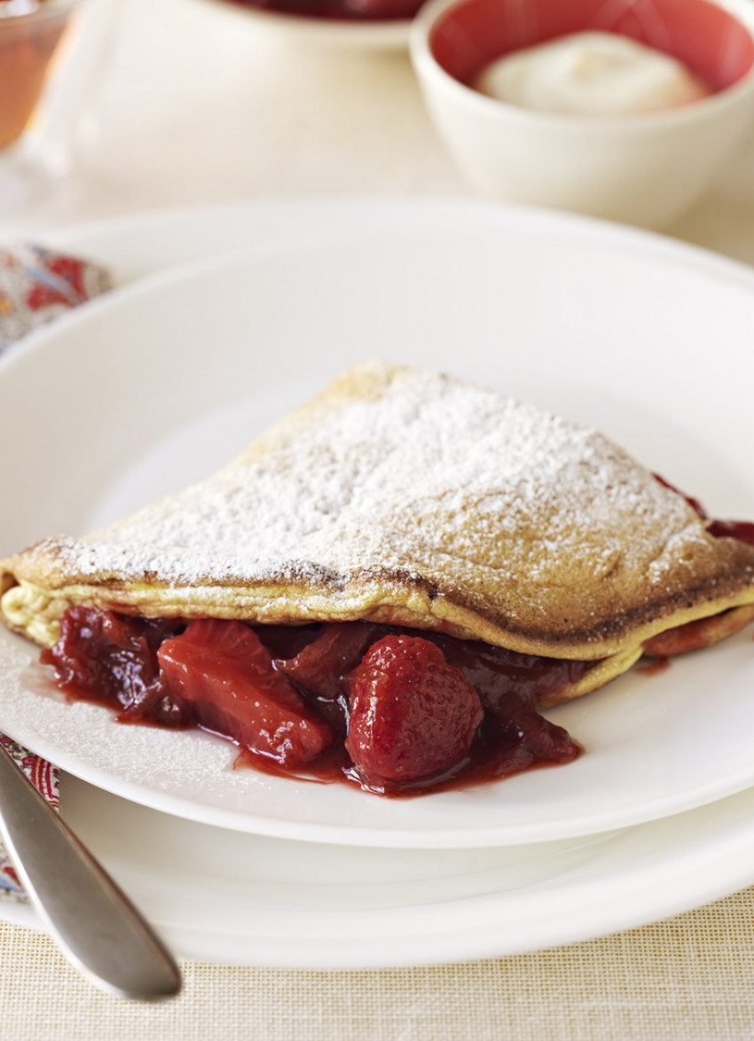Sweet Souffle Omelette with Rhubarb and Strawberry Compote