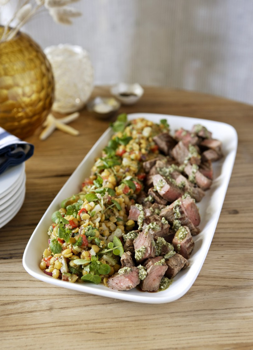 Beef and Yellow Split Pea Salad with Pumpkin Seed Dressing