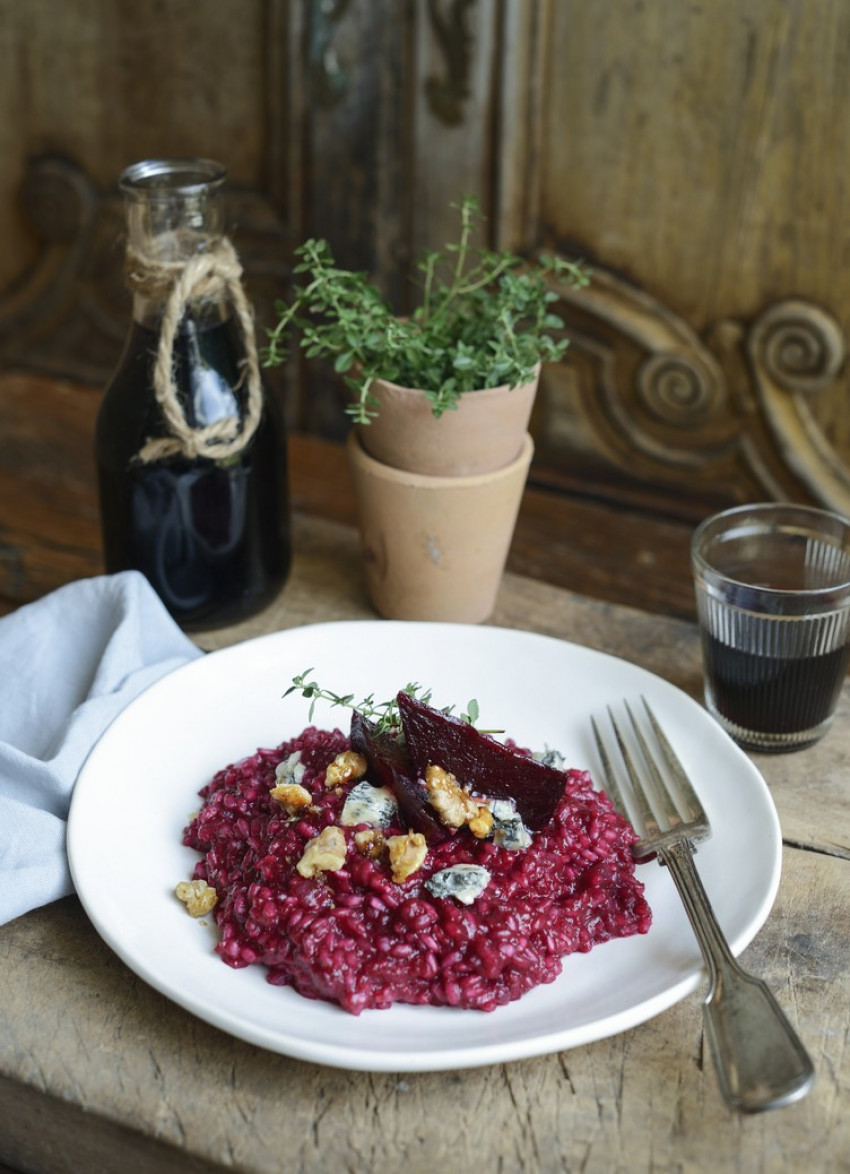 Beetroot Risotto with Gorgonzola Picante and Crumbled Walnuts