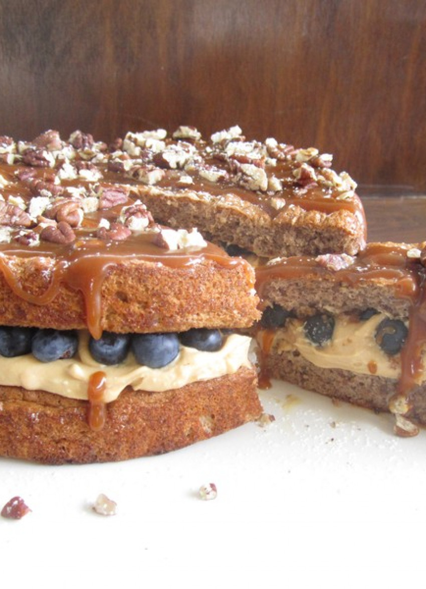 Pecan Spice Cake with Blueberries and Caramel Glaze (gf)