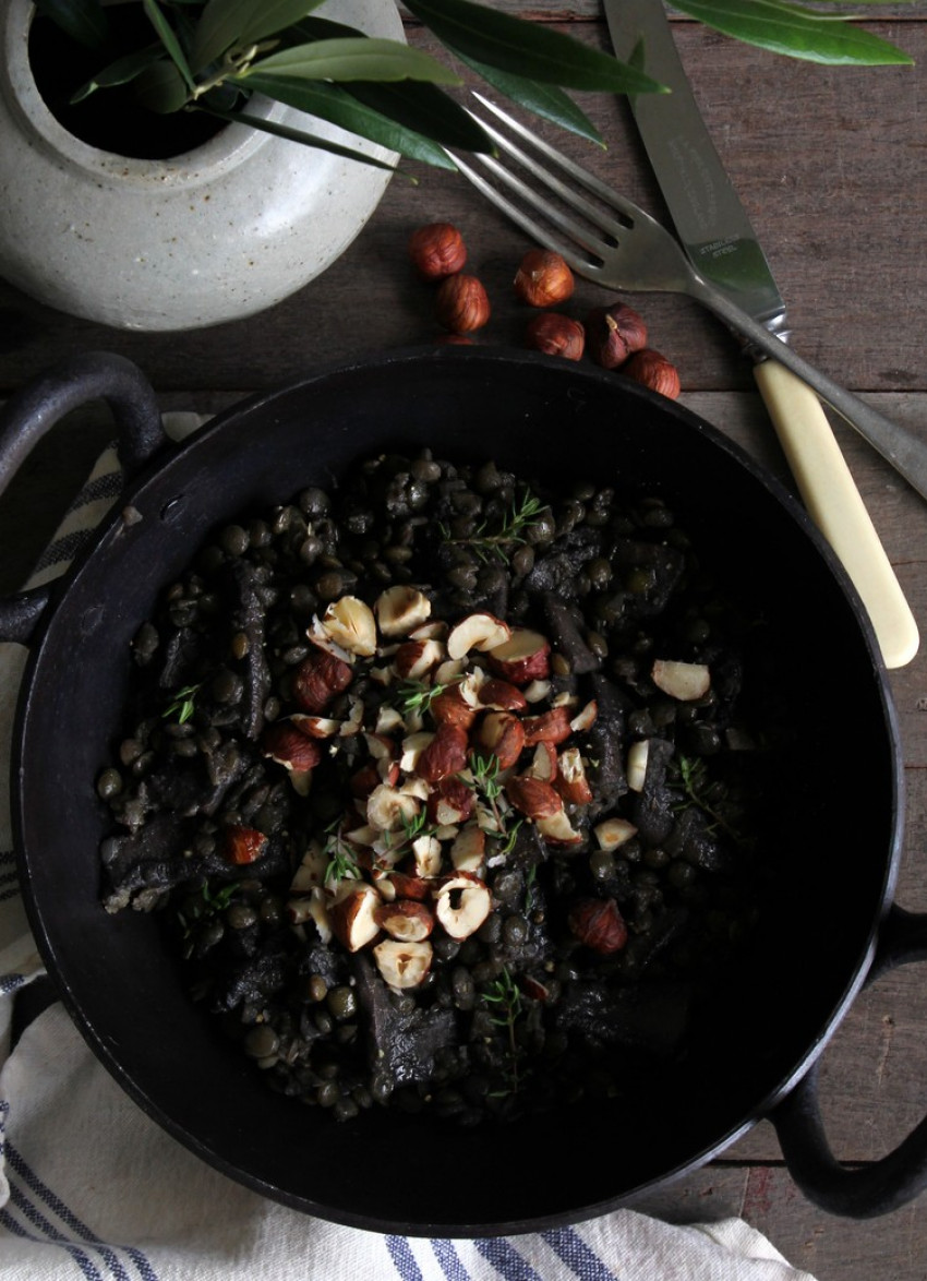 Braised Puy Lentils with Mushrooms, Rosemary and Hazelnuts