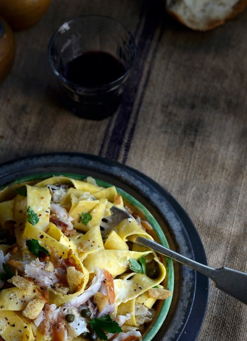 Creamy Smoked Fish Pappardelle with Garlic, Parsley, Lemon and Capers 