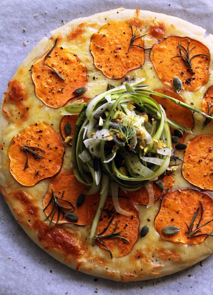 Sweet Potato and Rosemary Pizza with Shaved Asparagus and Fennel Salad