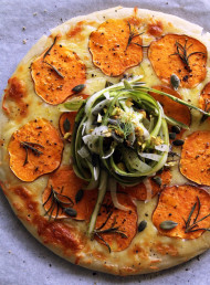 Sweet Potato and Rosemary Pizza with Shaved Asparagus and Fennel Salad