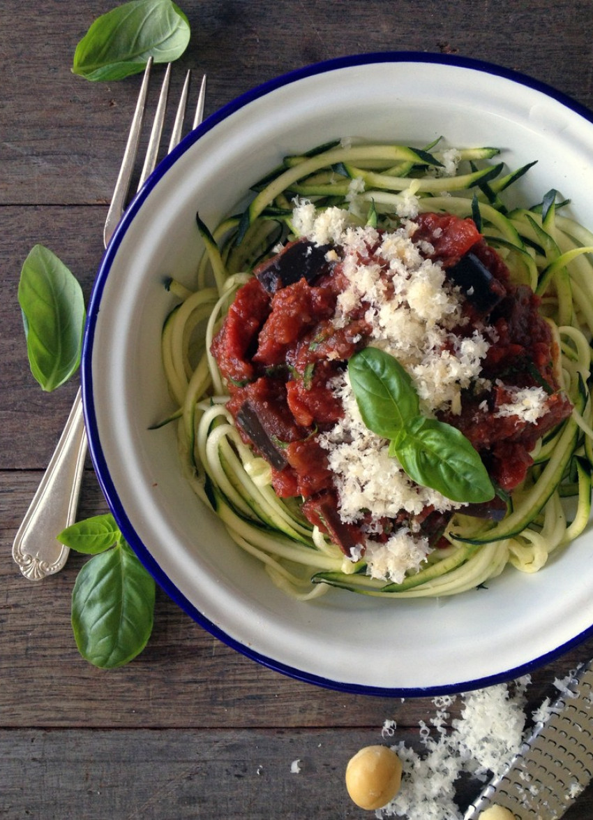 Slow Braised Red Wine Eggplant with Zucchini 'Spaghetti'