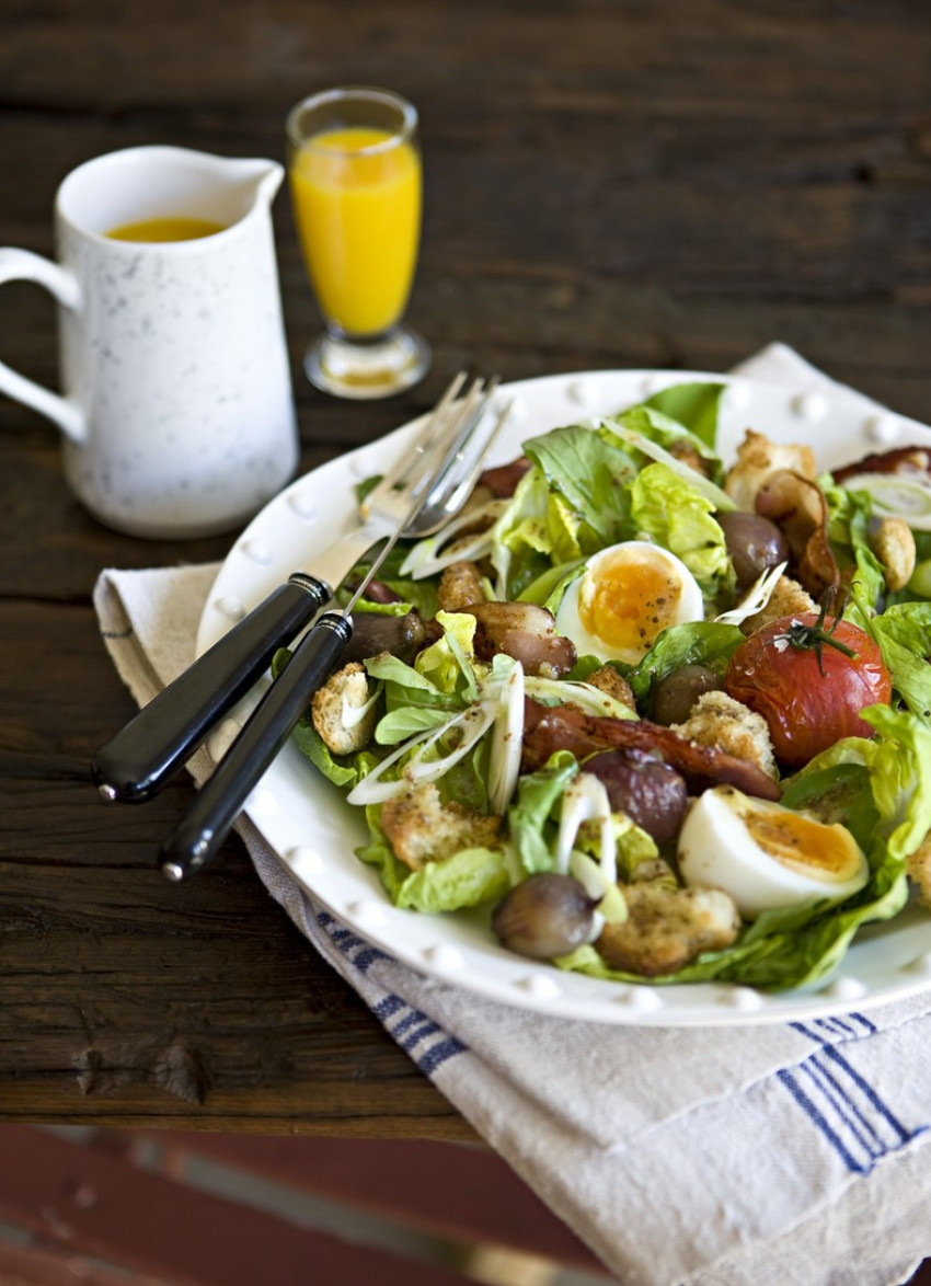 Brunch Salad of Roasted Shallots, Bacon, Croutons and Soft Boiled Eggs