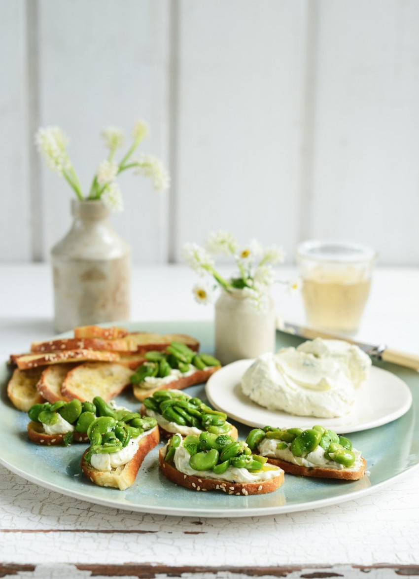 Turkish Bread Crostini with Whipped Feta and Broad Beans 