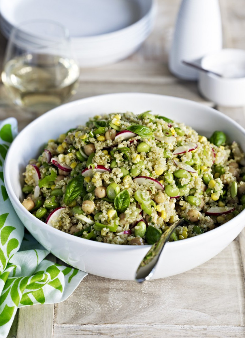 Quinoa, Sweet Corn and Edamame Bean Salad with Honey, Lime and Basil Dressing