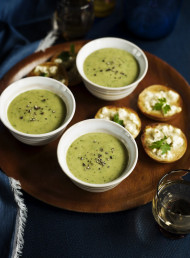 Parsley Soup with Garlic and Feta Bagel Croutons