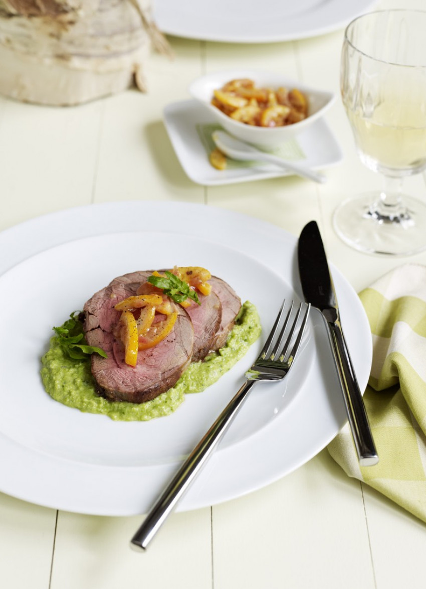 Roasted Lamb Rump on Pea Pure with Lemon Relish