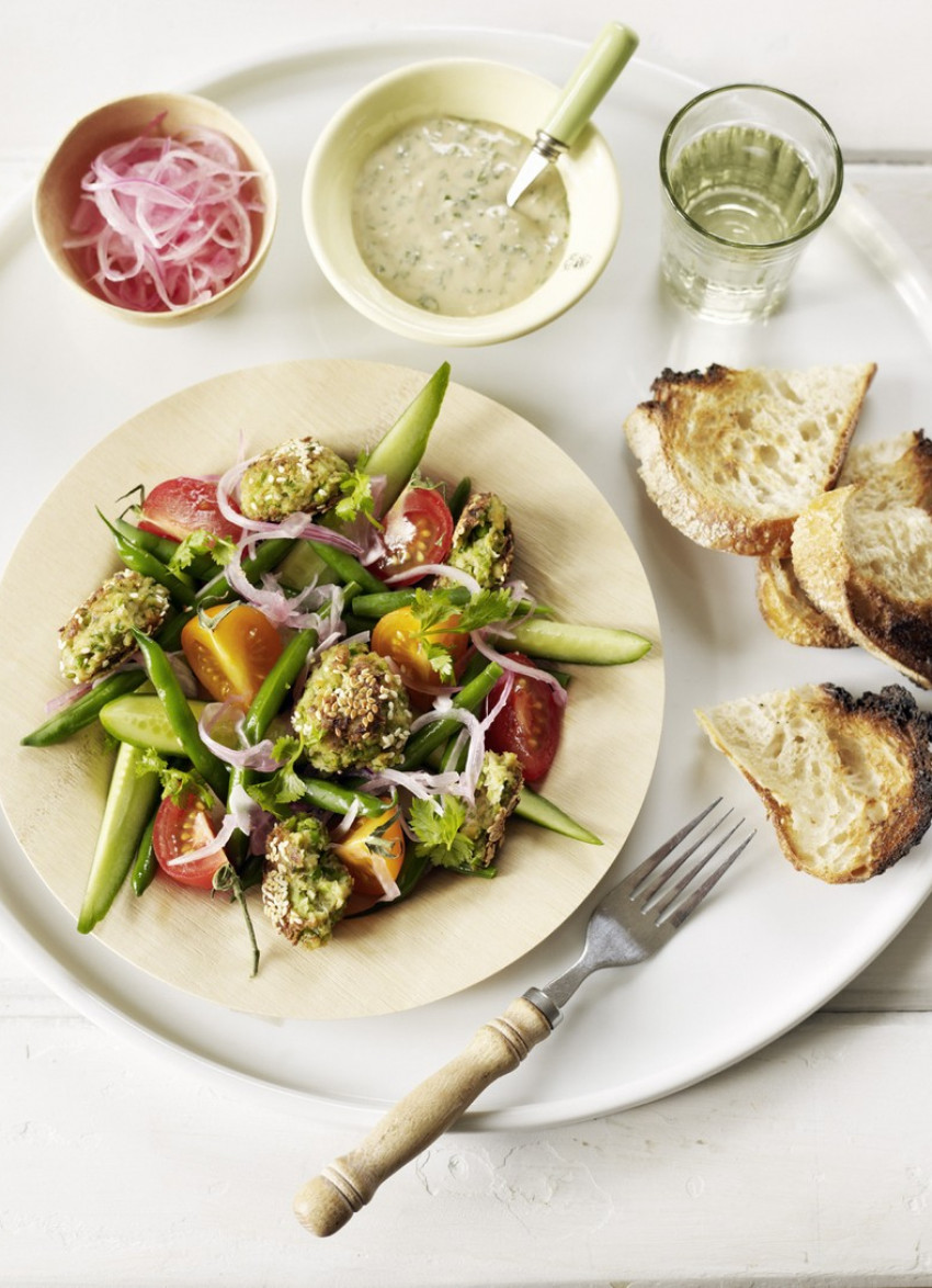 Feta and Pea Falafel Salad with Tahini Dressing 