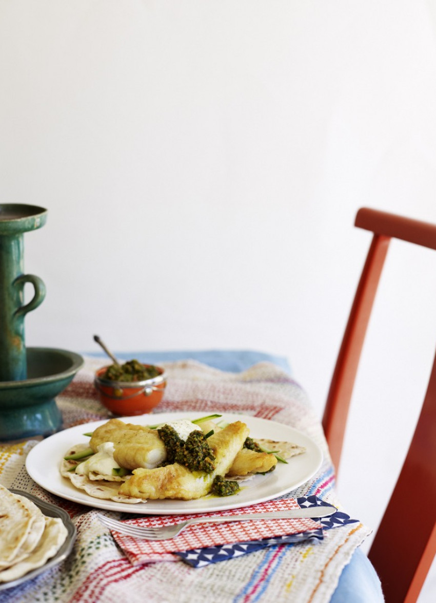 Turmeric Fish with Flatbreads and Pistachio Pesto 