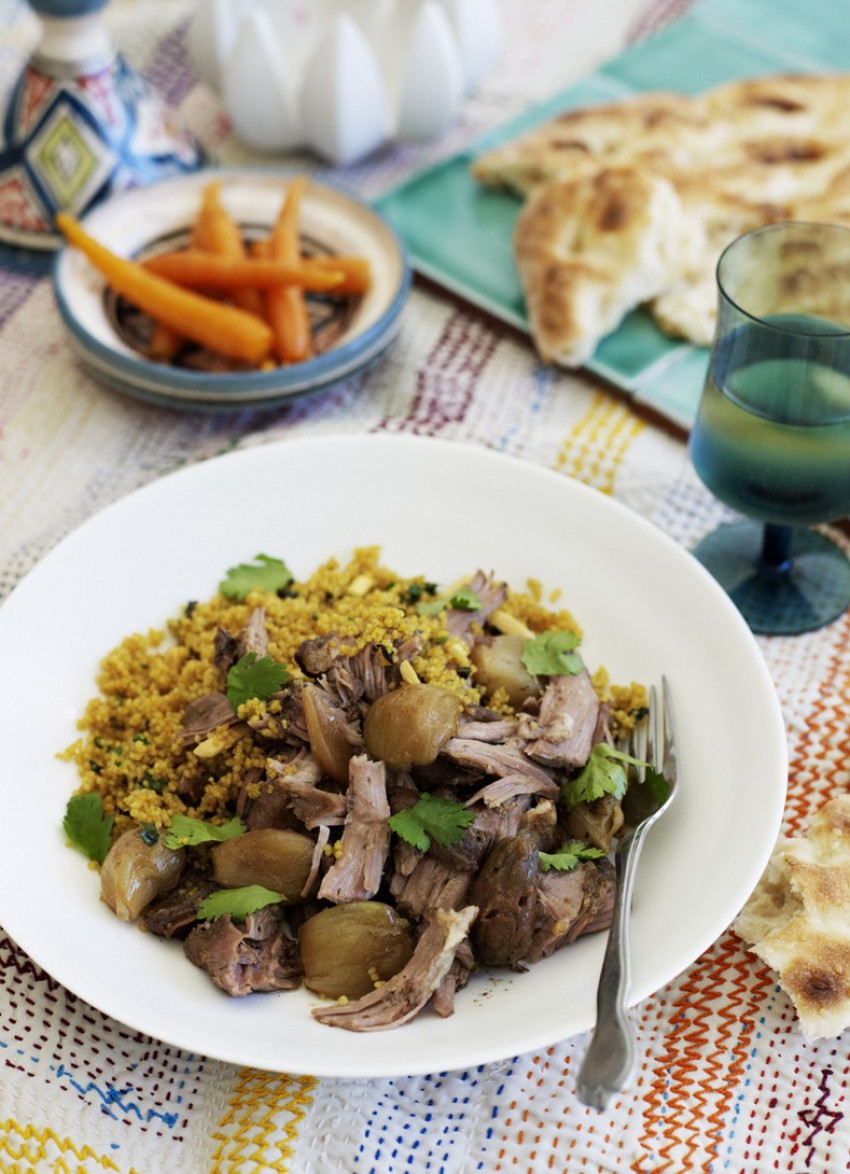 Spiced Lamb Shoulder with Dates and Shallots on Couscous 