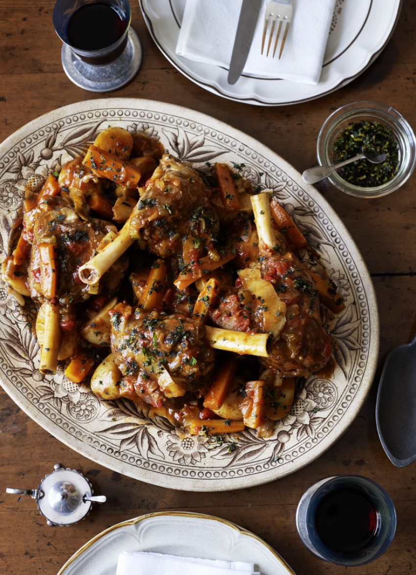 Lamb Shanks with Potatoes, Lemon and Mint Gremolata 