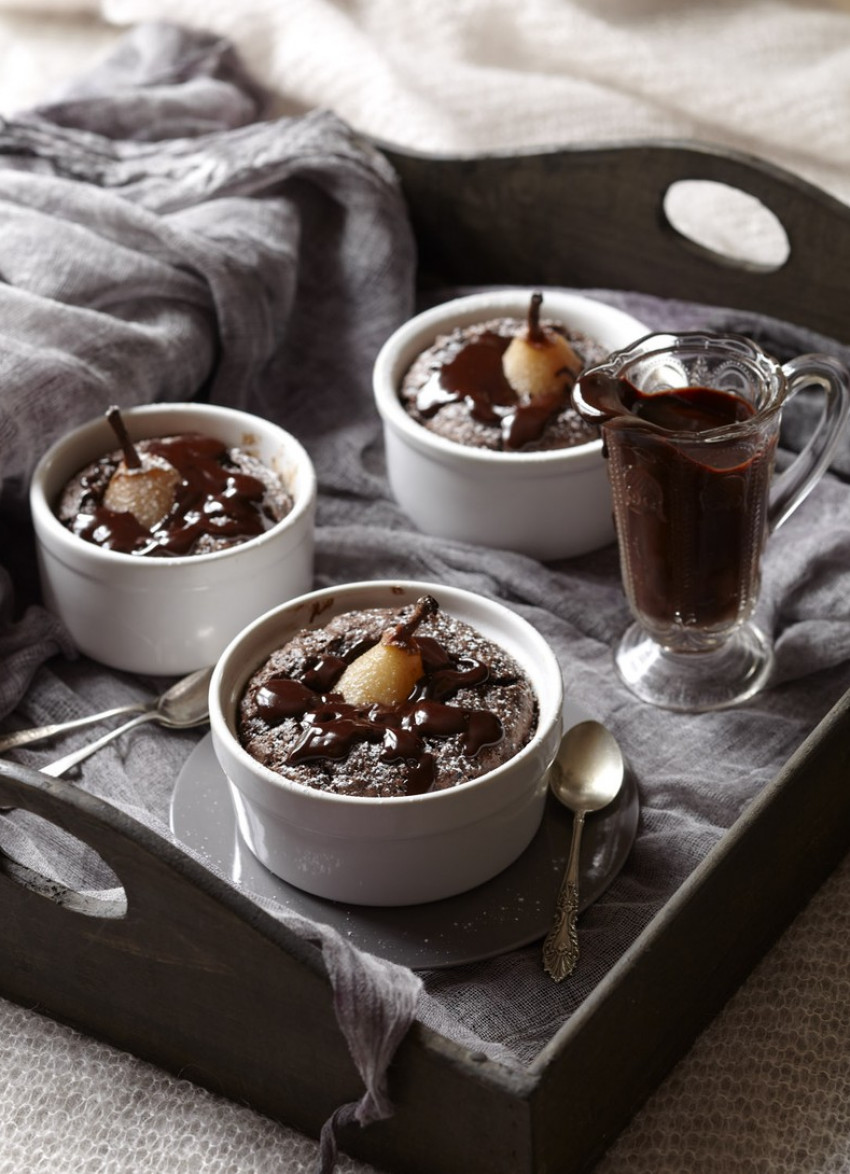 Chocolate and Poached Pear Puddings with Chocolate Sauce 