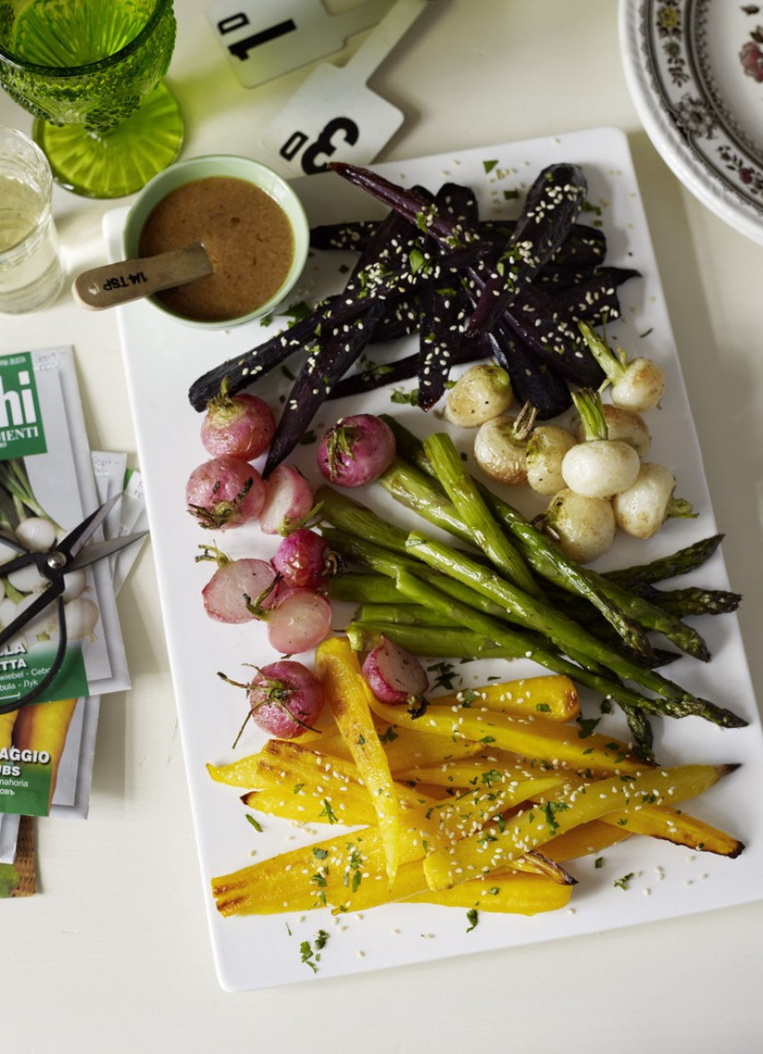 Roasted Spring Vegetables with Miso and Ginger Dressing 