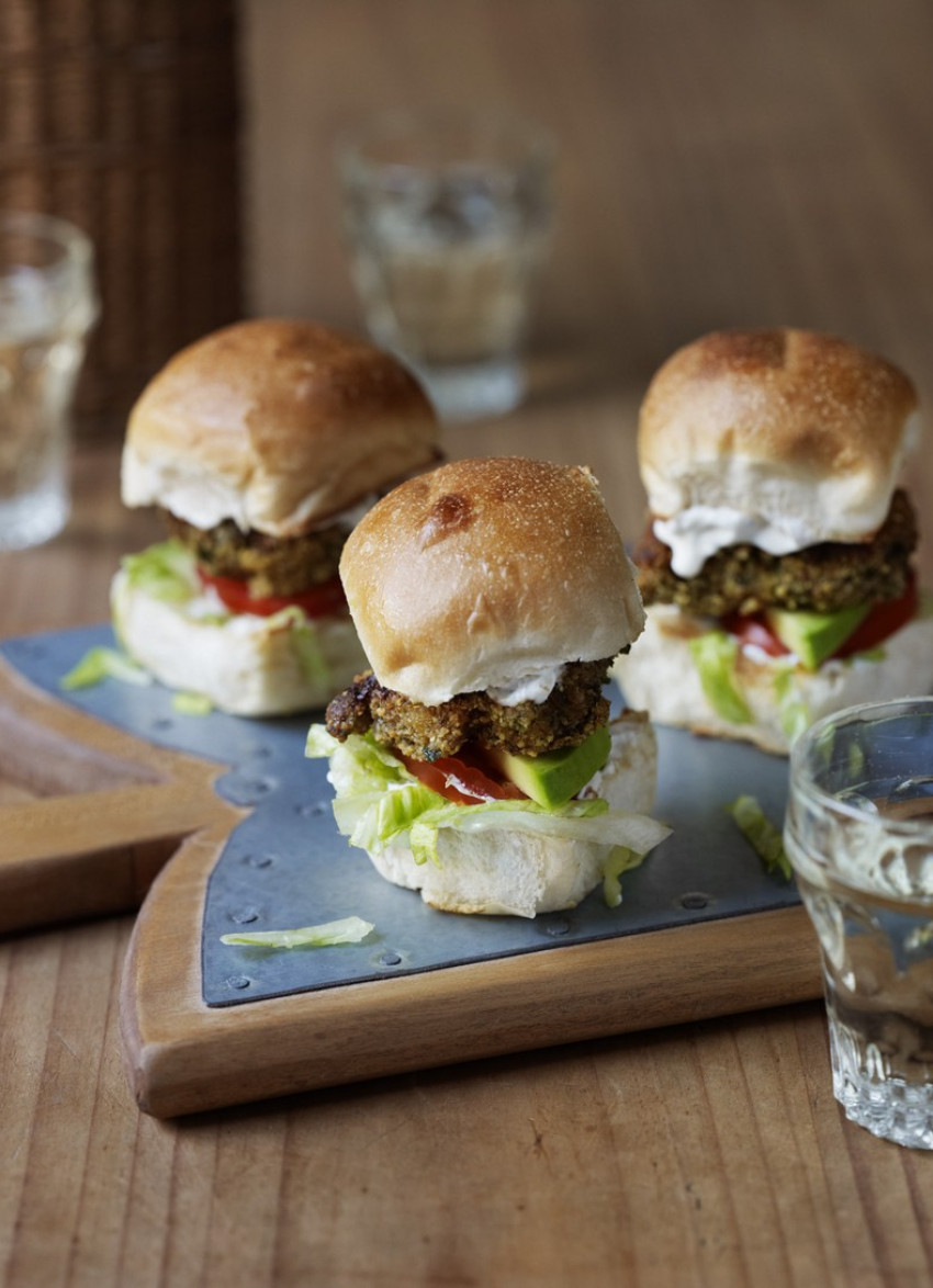 Falafel Chicken Sliders with Sesame and Feta Mayo