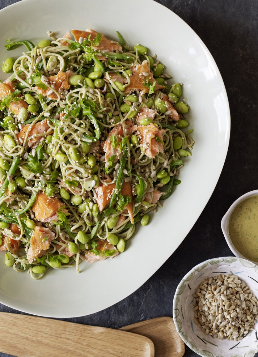 Green Soba Noodles with Hot Smoked Salmon and Almond and Wasabi Dressing