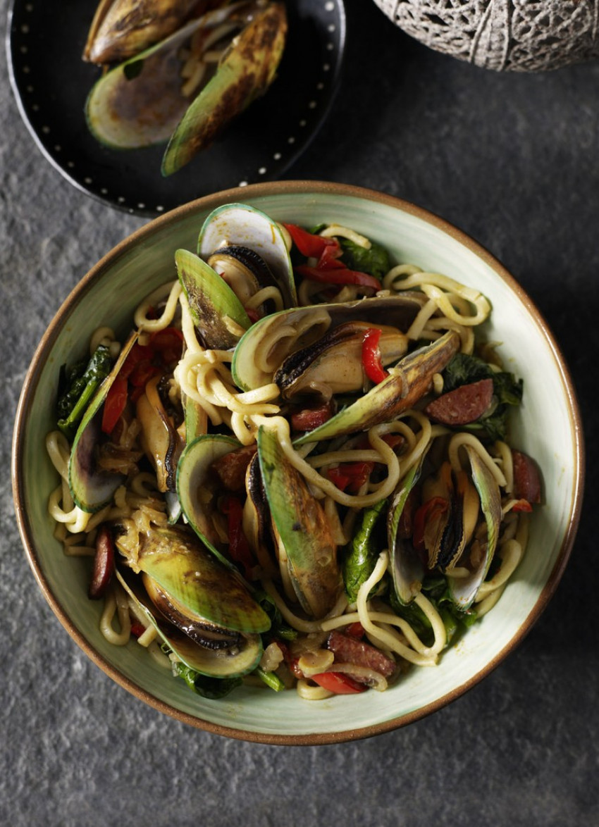 Mussels and Chorizo Sausage with Egg Noodles