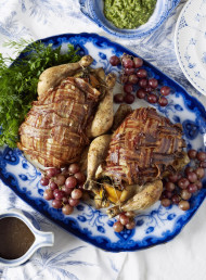 Tarragon Roasted Chickens with Pancetta and Grapes