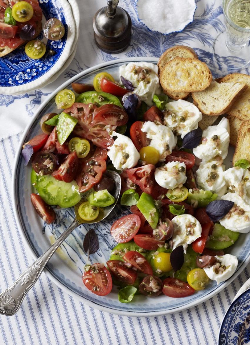 Mixed Tomato, Purple Basil and Mozzarella Salad with Caper and Mustard Dressing