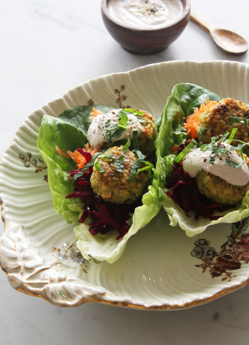 Brown Rice, Broadbean and Mint Falafels with Walnut Cream