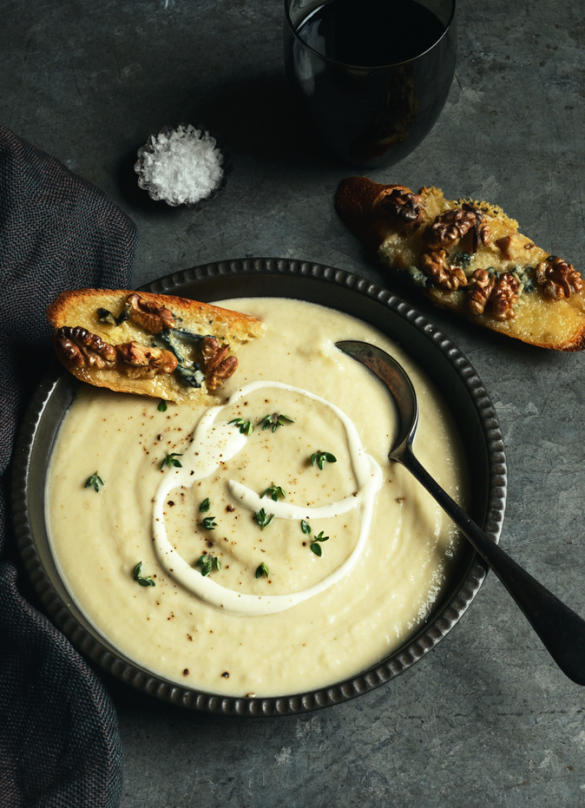 Cauliflower Soup with Blue Cheese Toasts
