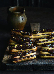 Eclairs with Chocolate Crème Patissiere, Ganache and Praline 