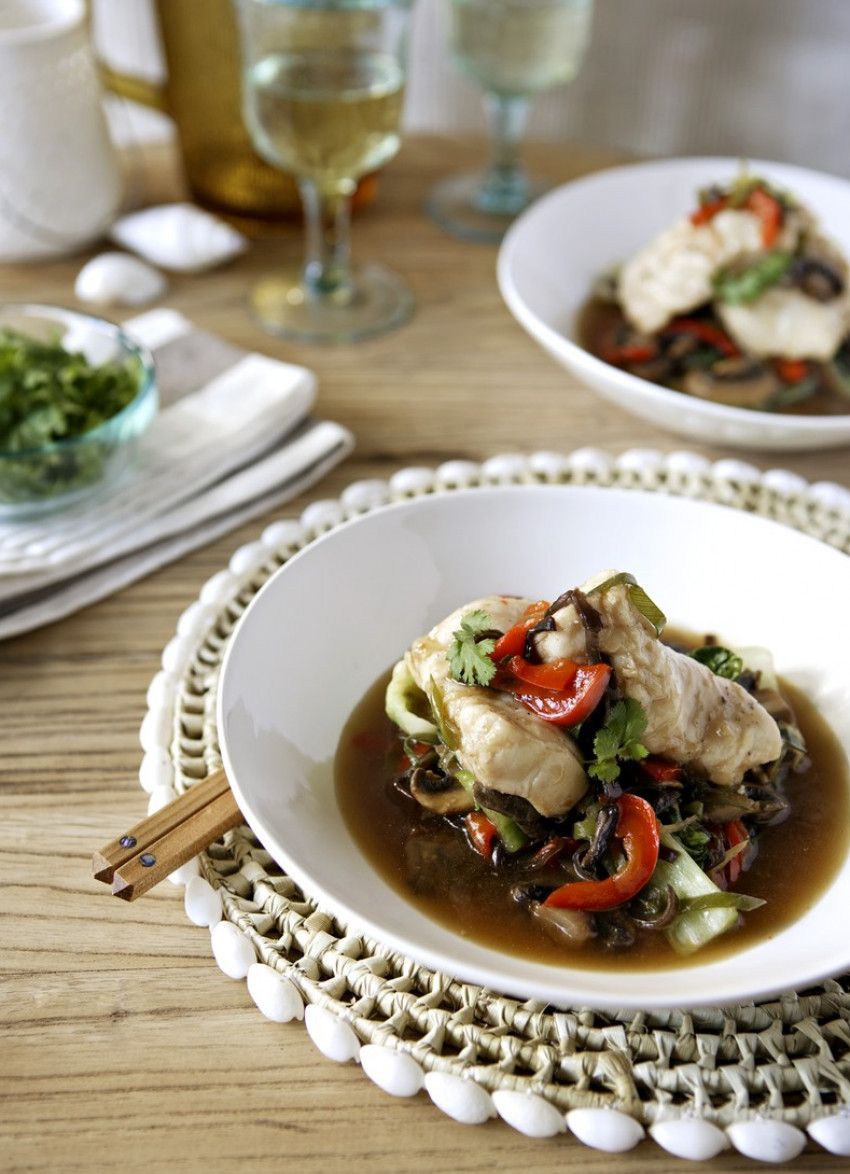 Braised Market Fish with Mushrooms and Bok Choy