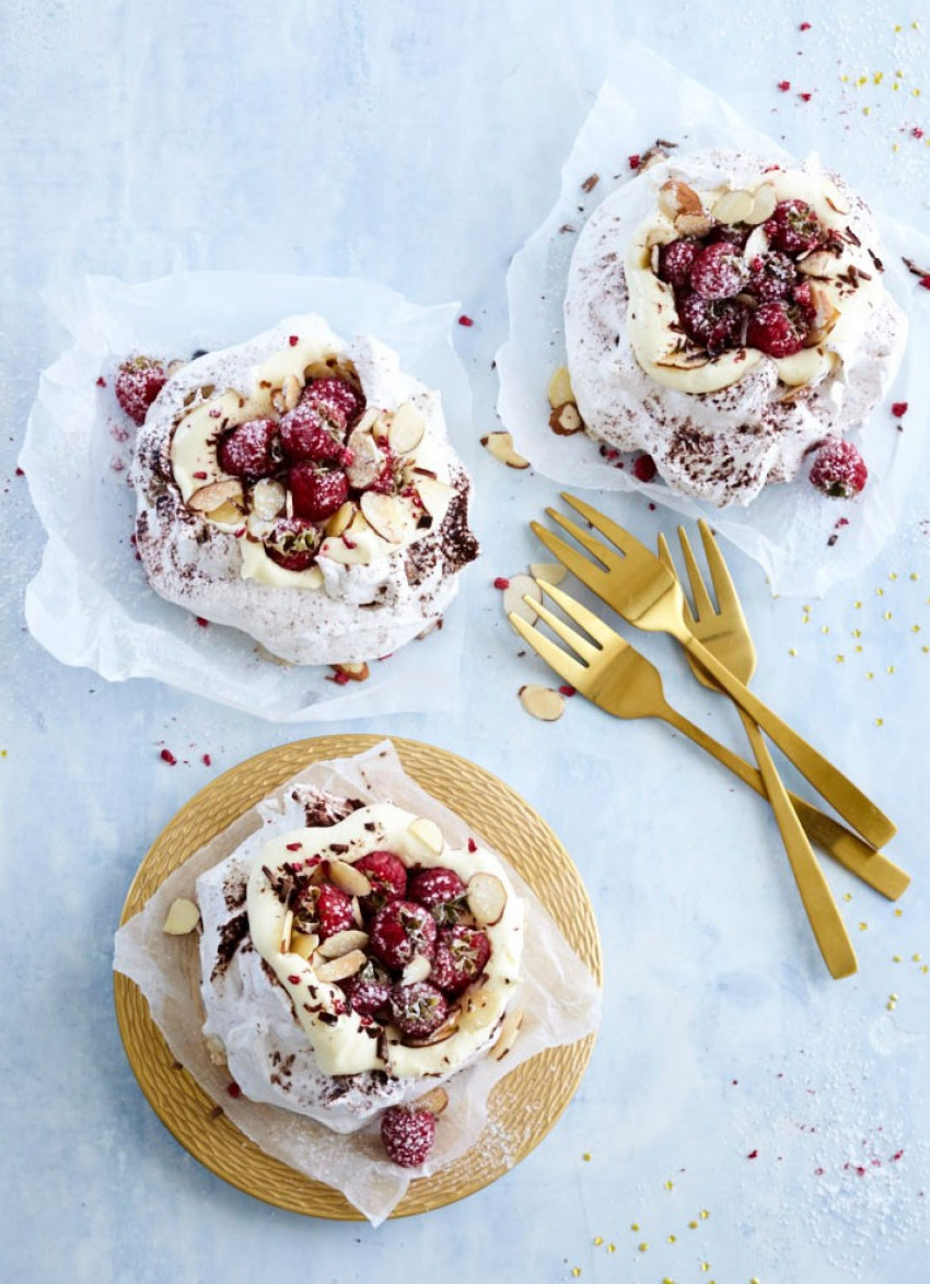 Chocolate, Almond and Raspberry Pavlovas