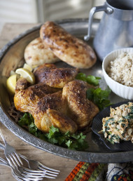 Roast Spiced Chicken with Spinach and Chickpea Raita
