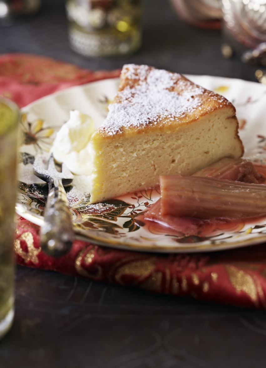 Baked Yoghurt and Lime Cake with Rhubarb and Rosewater