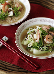Miso, Shiitake Soup with Prawns and Somen Noodles