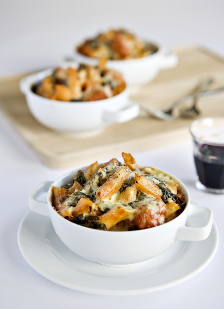 Baked Penne with Sausages and Spinach