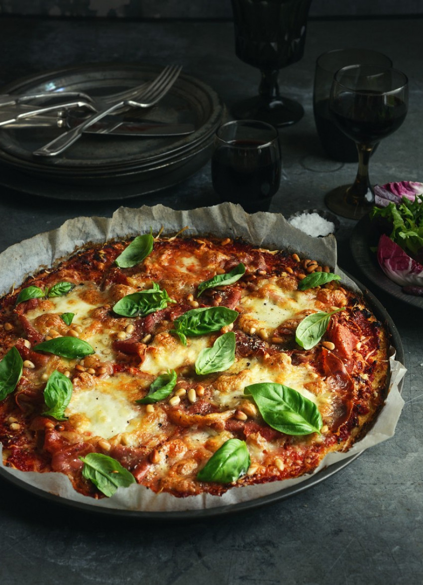 Cauliflower Pizza Crust with Prosciutto, Buffalo Mozzarella, Pine Nuts and Basil